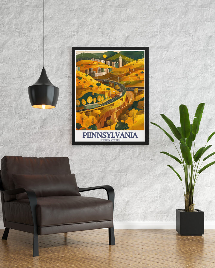 A vintage inspired print of Pennsylvania, featuring the rural landscapes of Lancaster and the charming streets of Chestnut Hill. Perfect for anyone who loves Pennsylvanias rich history and diverse scenery.