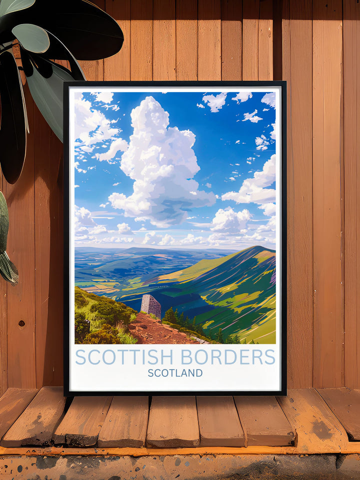 Capture the serenity of the Scottish Borders with this Eildon Hills poster A must have for fans of Scottish home decor and nature prints this artwork beautifully portrays the iconic landscape making it a wonderful addition to any home or office space