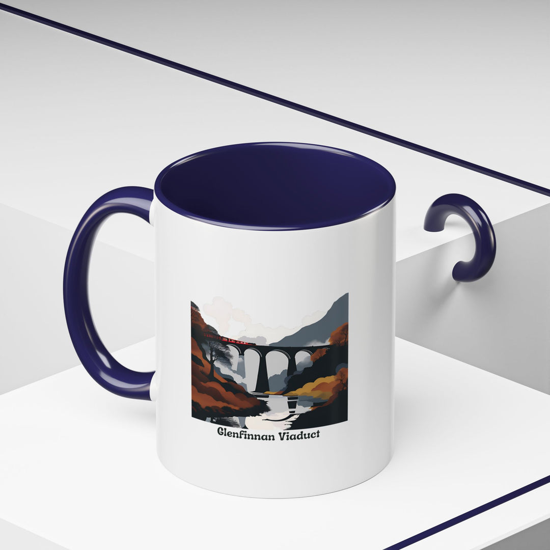 A ceramic Glenfinnan Viaduct mug with vivid artwork of Scotland's famous viaduct. Durable and stylish, it is microwave-safe and dishwasher-safe, making it a practical yet artistic choice for hot beverages.