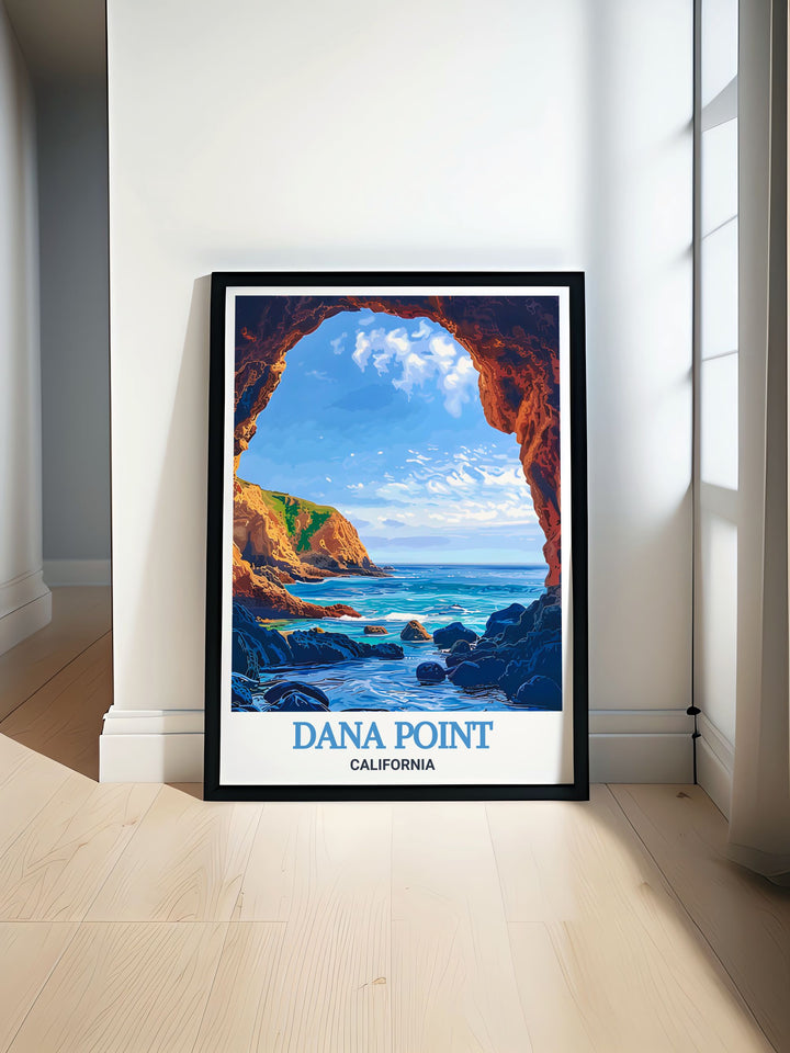 Dana Point Caves travel poster showcasing the stunning coastal landscape of California. Perfect for California travel enthusiasts and art collectors, this vintage print brings the natural beauty of Dana Point Caves into your home decor.