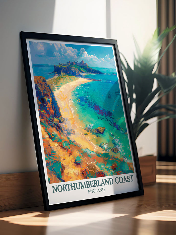 Retro travel poster highlighting Bamburgh Castle and Dunstanburgh Castle along the serene Northumberland Coast perfect for adding a touch of nostalgia and historical charm to any room with its vibrant colors and intricate details.