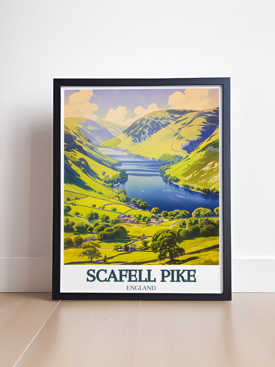 Beautiful nature illustration featuring Scafell Pike and Derwentwater in the Lake District capturing the rugged beauty of Englands most famous hiking destination ideal for any nature lover or hiker seeking unique home decor.