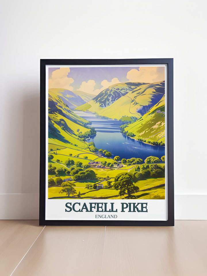 Beautiful nature illustration featuring Scafell Pike and Derwentwater in the Lake District capturing the rugged beauty of Englands most famous hiking destination ideal for any nature lover or hiker seeking unique home decor.