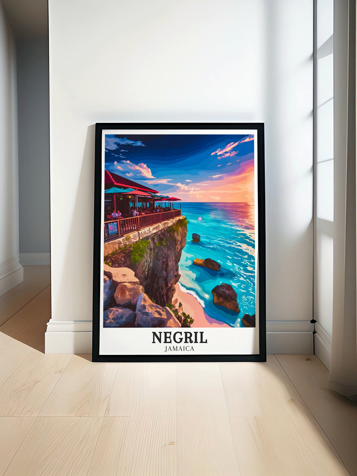 Negril and Caribbean Sea art deco travel posters showcasing vibrant landscapes and serene waters of Jamaica, including Ricks Cafe. These framed travel posters are ideal for adding a touch of coastal elegance to your wall decor. Experience the charm of Negril through our beautifully crafted art deco travel posters.