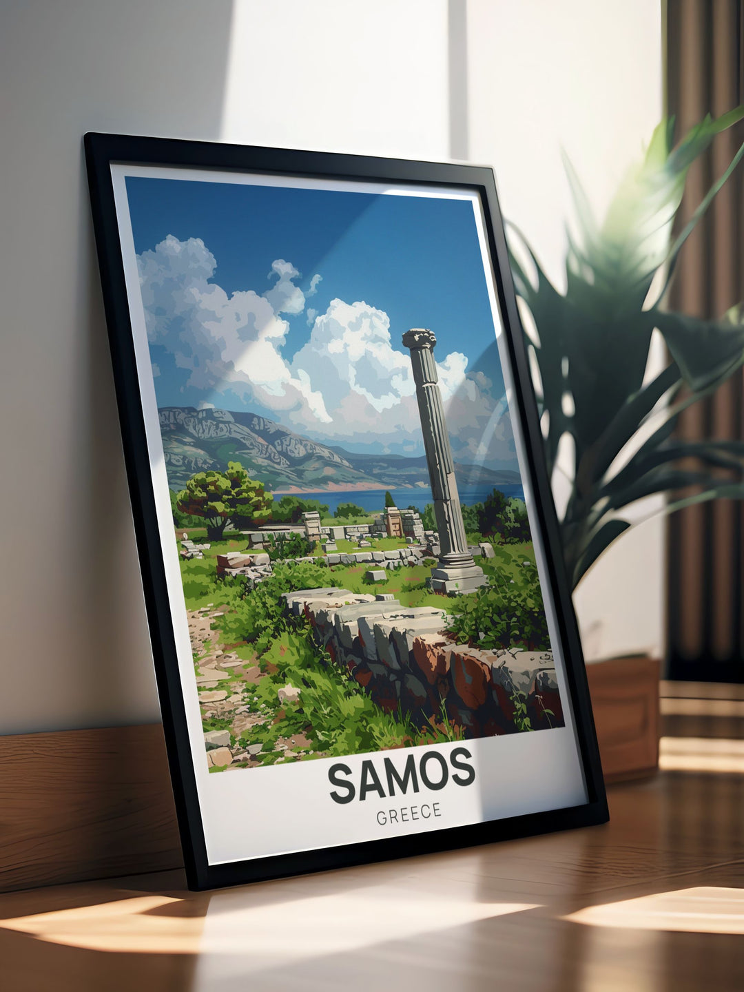 This Samos travel print showcases the stunning island of Samos, Greece, and the ancient Heraion of Samos. Perfect for lovers of Greek mythology and history, this wall art is a timeless tribute to the beauty of the Aegean Sea and the culture of Greece.