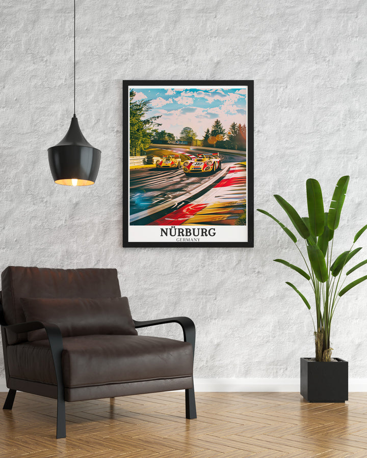 Celebrate Nürburgs Formula 1 legacy with this stunning travel poster, featuring the sharp turns and scenic views of the Nürburgring. Ideal for racing fans, this piece highlights the dramatic and exciting nature of Germanys famous race track.