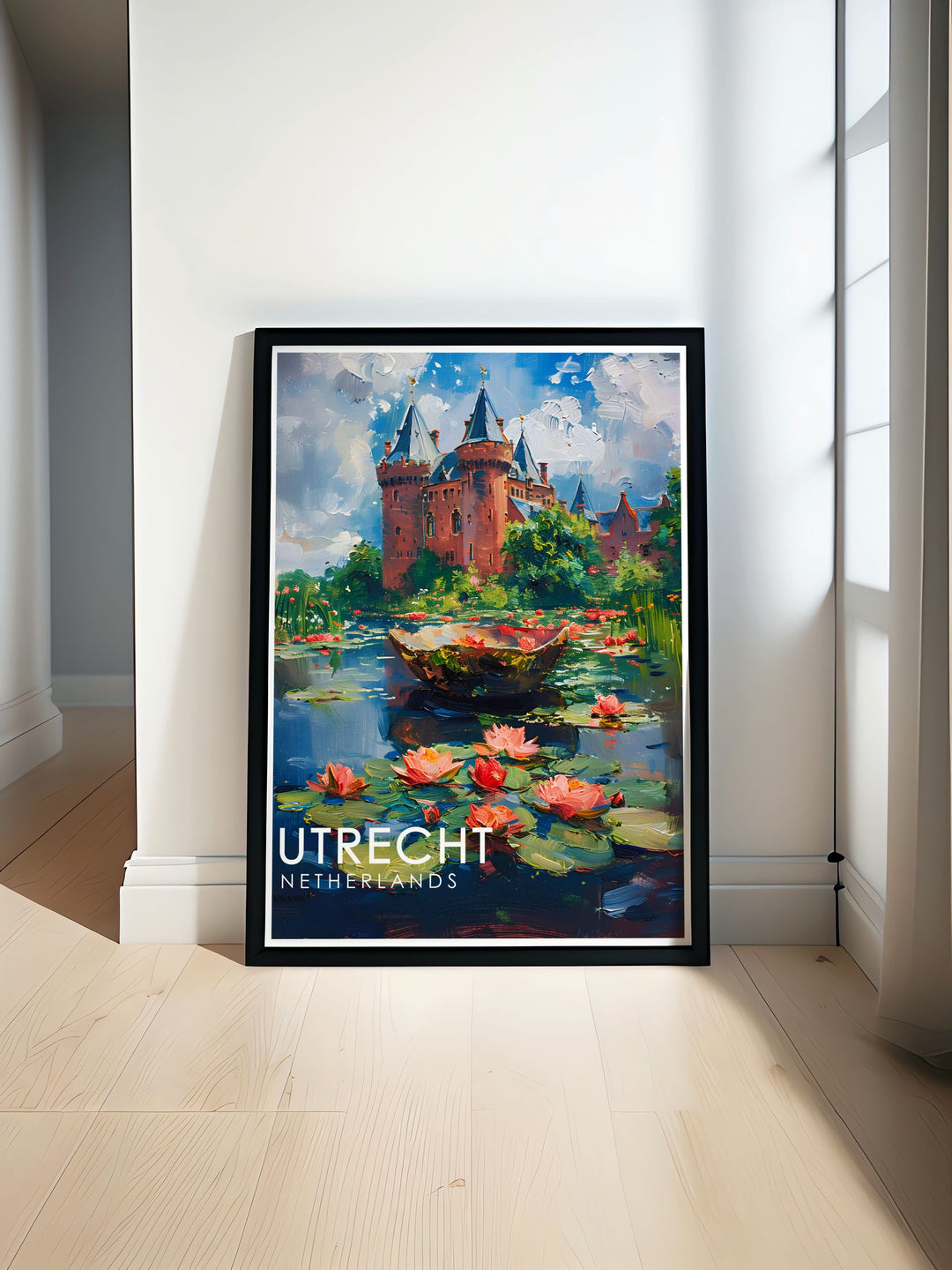 Utrecht wall art featuring De Haar Castle in the Netherlands, highlighting the architectural beauty of the largest castle in the country. This travel print captures the serene gardens and historical charm of Utrecht, making it a perfect addition to your home décor.