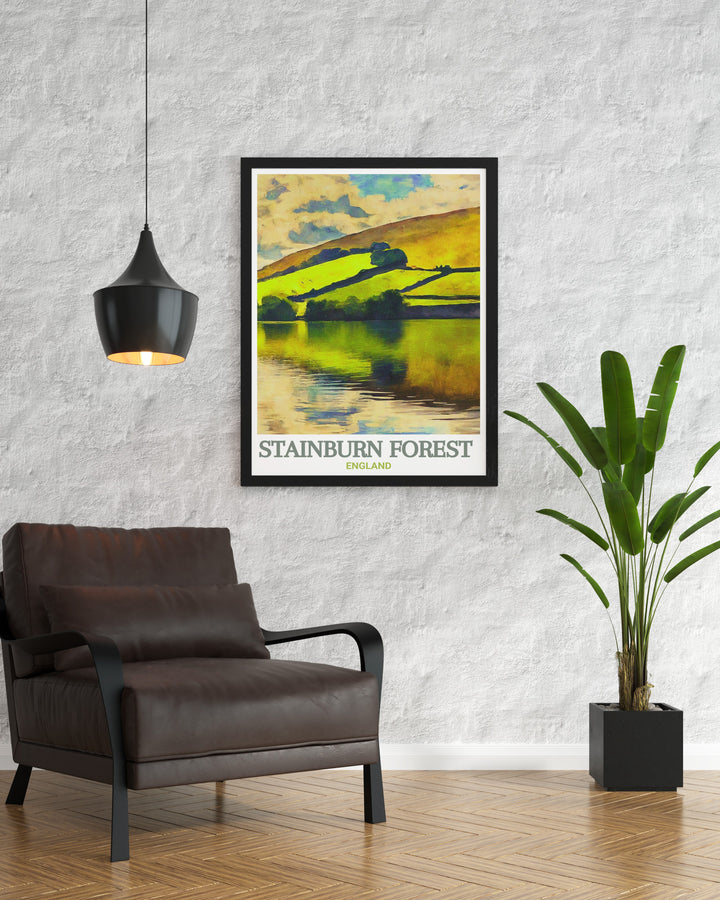 Fewston Reservoir Mountain Biking print captures the excitement of Yorkshire MTB trails through the lens of Stainburn Forest. This poster is a must have for cycling enthusiasts looking to add vibrant mountain bike art to their wall decor or modern living room.