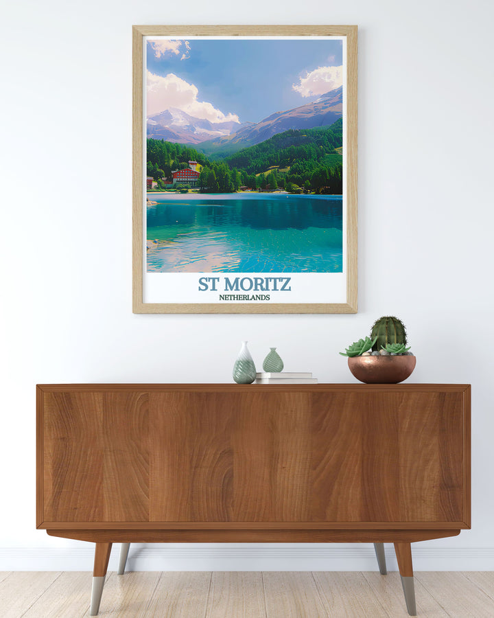 Featuring the iconic landscapes of Lake St. Moritz, this poster invites viewers to explore the serene beauty and adventurous spirit of Switzerland.