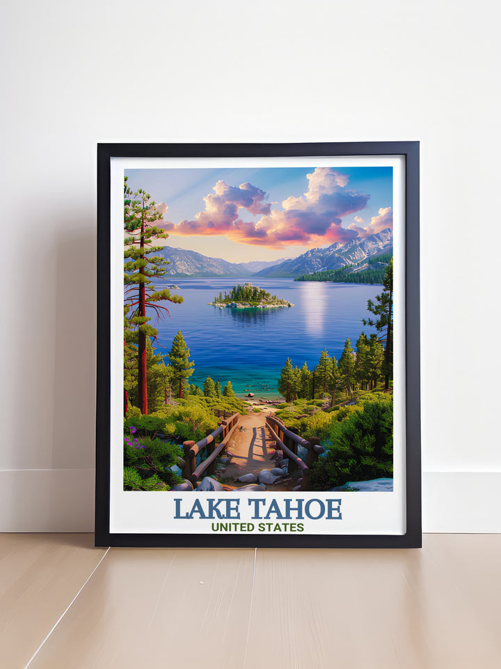 Lake Tahoe Canvas Art captures the stunning clarity of the lake and the lush greenery of Emerald Bay State Park. Perfect for outdoor enthusiasts and nature lovers, this travel poster brings the peaceful beauty of California and Nevadas most famous lake into your home.