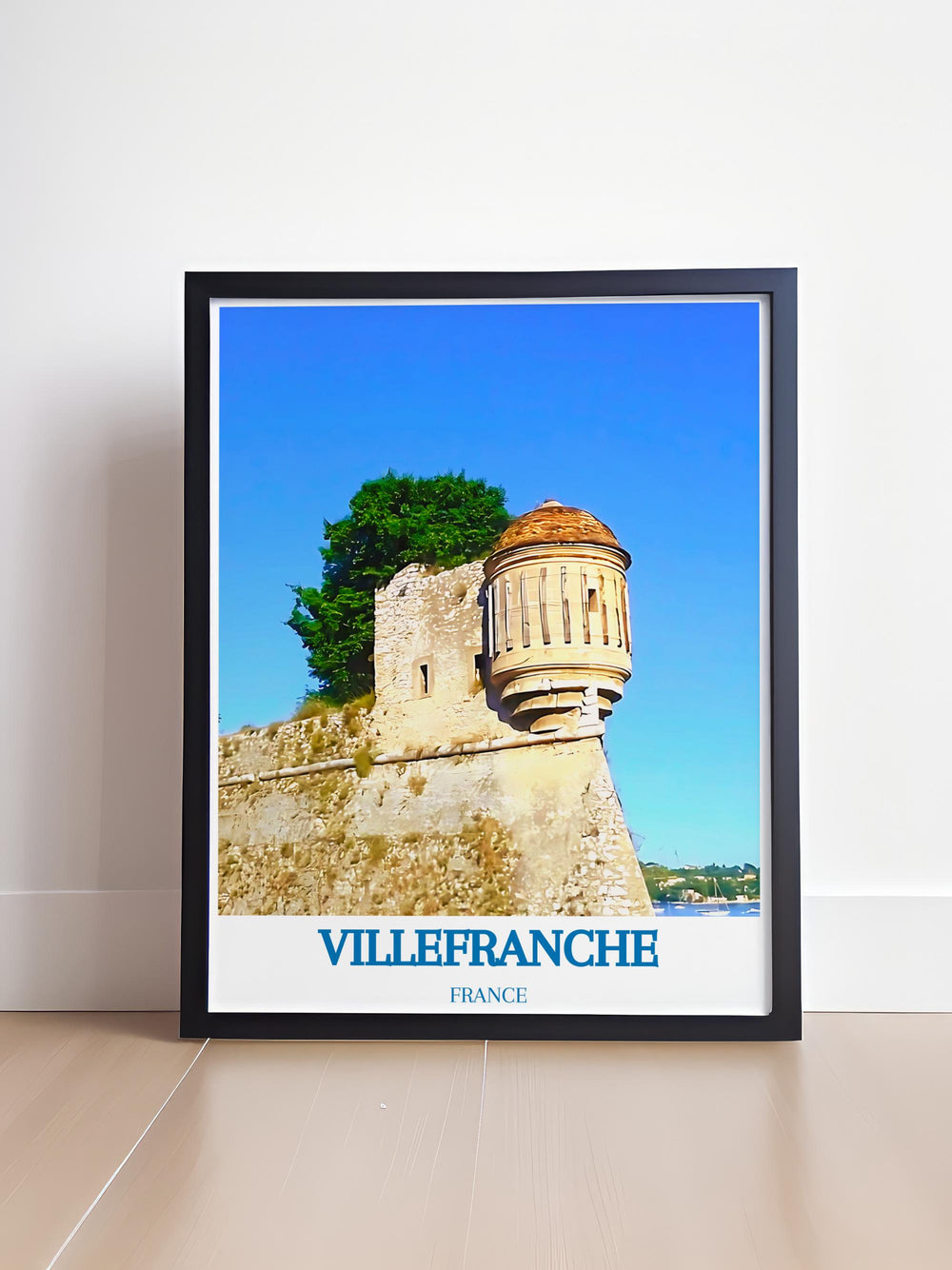 Villefranche travel poster showcasing the iconic Citadelle Saint Elme Set against the vibrant colors of the French Riviera this wall art is perfect for modern décor Bring a piece of Villefranche into your living room with this beautiful France travel print and stunning home decor