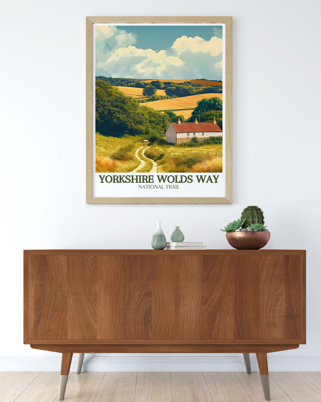 Personalized custom print of the Yorkshire Wolds Way, capturing the serene beauty and diverse landscapes of this national trail. The artwork offers a unique piece of art that reflects your love for hiking and the natural beauty of the UKs hidden gems, perfect for any home decor.