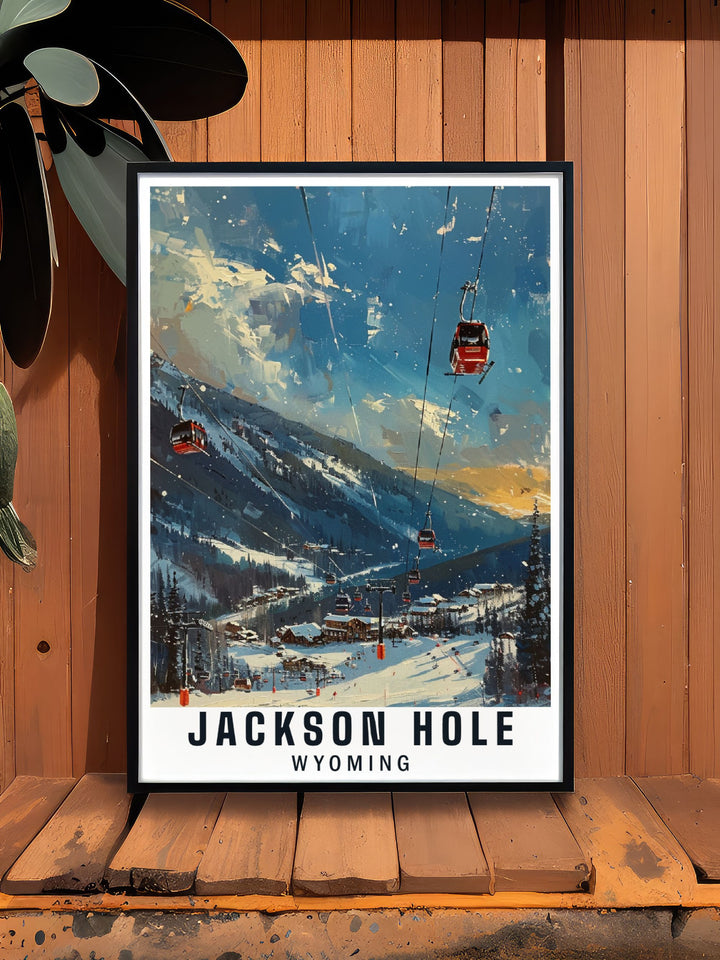 Featuring Wyomings Jackson Hole and its famous Mountain Resort, this poster captures the essence of outdoor adventure and natural beauty, making it a standout piece in any decor.