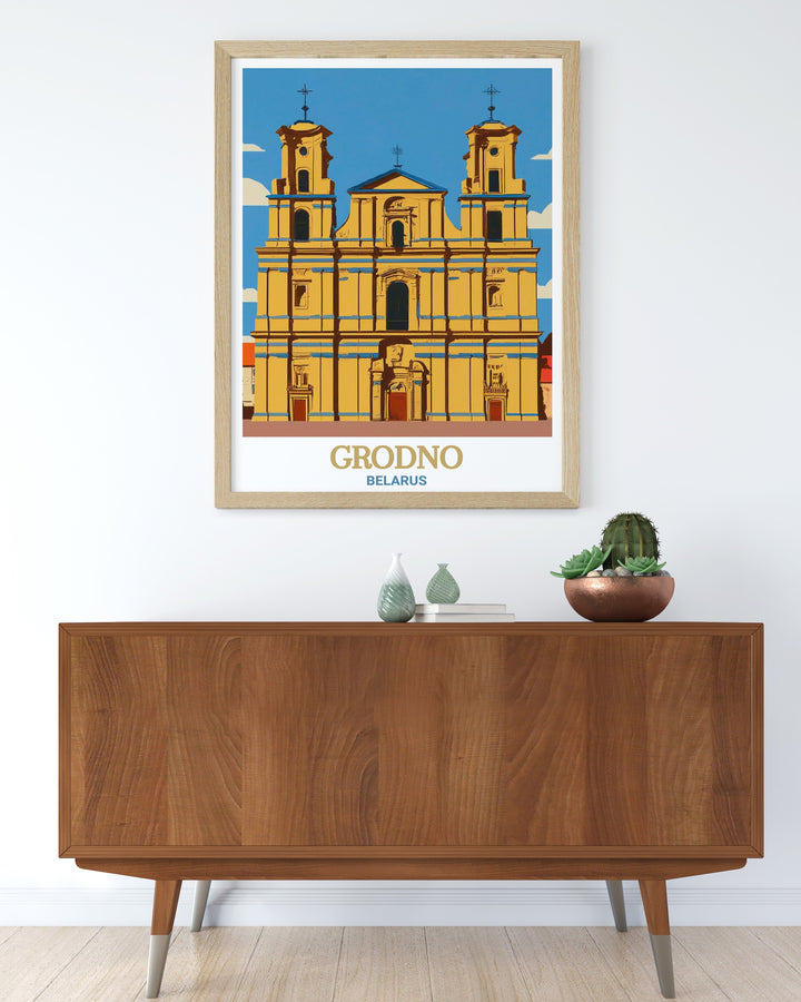 St. Francis Xavier Cathedral stands majestically in this vibrant art print, showcasing the history and charm of Grodno. A perfect gift for history buffs or anyone who loves travel, this poster brings the historic beauty of Belarus to your walls.