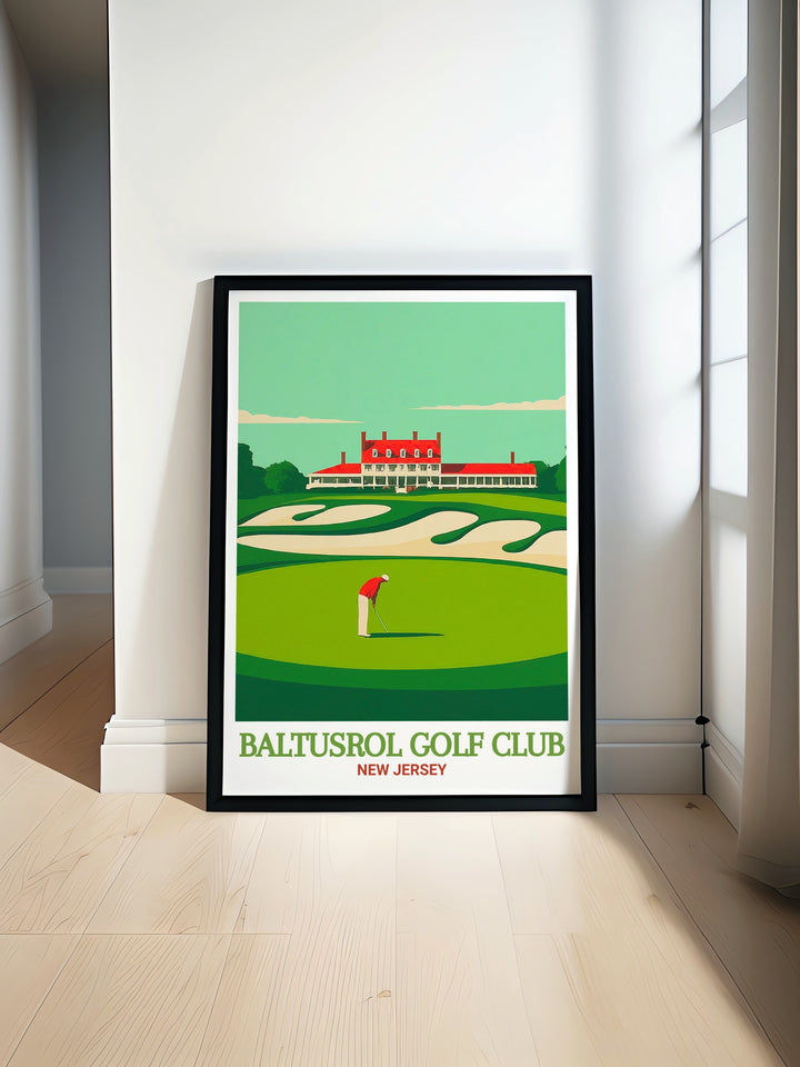 Baltusrol Golf Club Wall Print featuring a detailed depiction of the courses Lower and Upper championship courses. This golf artwork is a perfect gift for any golfer, showcasing the beauty and tradition of one of Americas most respected golf clubs.