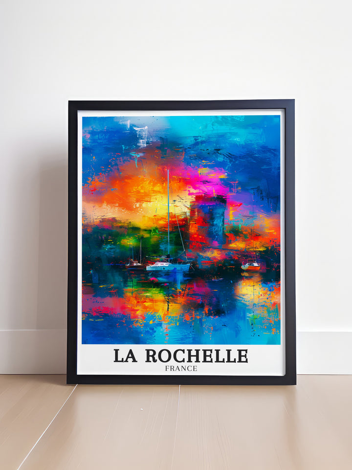 Striking La Rochelle poster illustrating the charm of the Old Port and the grandeur of the Chain Tower. The print celebrates the maritime history of this French coastal city, making it an excellent piece for any travel art collection