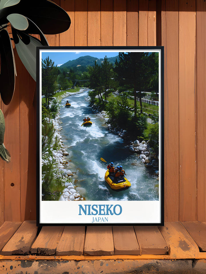 Niseko Travel Poster with Shiribetsu River and snowboarding action in a retro style perfect for adding a touch of Japanese adventure to your home decor