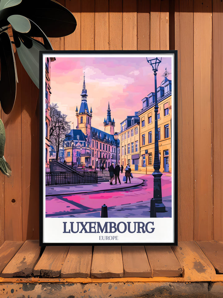 Luxembourg Travel Print captures the grandeur of the Grand Ducal Palace and Southern Luxembourgs picturesque landscapes. This wall art print brings a piece of European history into your home, adding sophistication and a touch of wanderlust to any space.