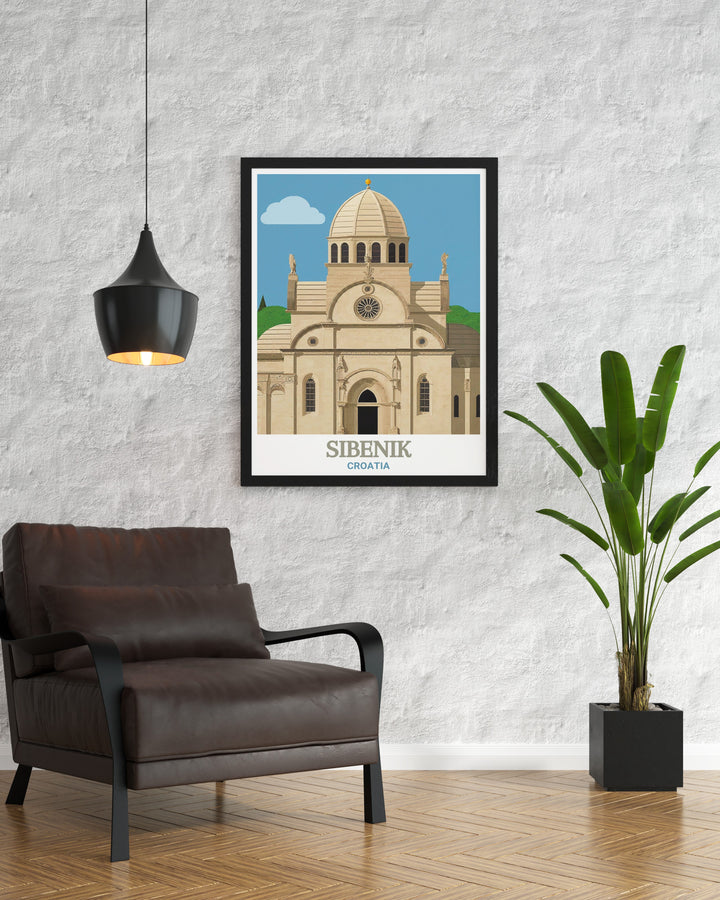 Travel print of Sibenik and St. James Cathedral, Croatia, combining the architectural grandeur of the cathedral with the natural charm of the coastal town. This artwork is a perfect way to bring the essence of Croatias history and culture into your living space.