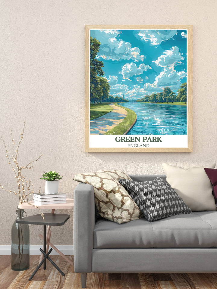 Elegant Green Park painting with a focus on the Princess of Wales Memorial Walk, capturing the tranquil beauty and historic charm of this beloved London location, perfect for wall art lovers.