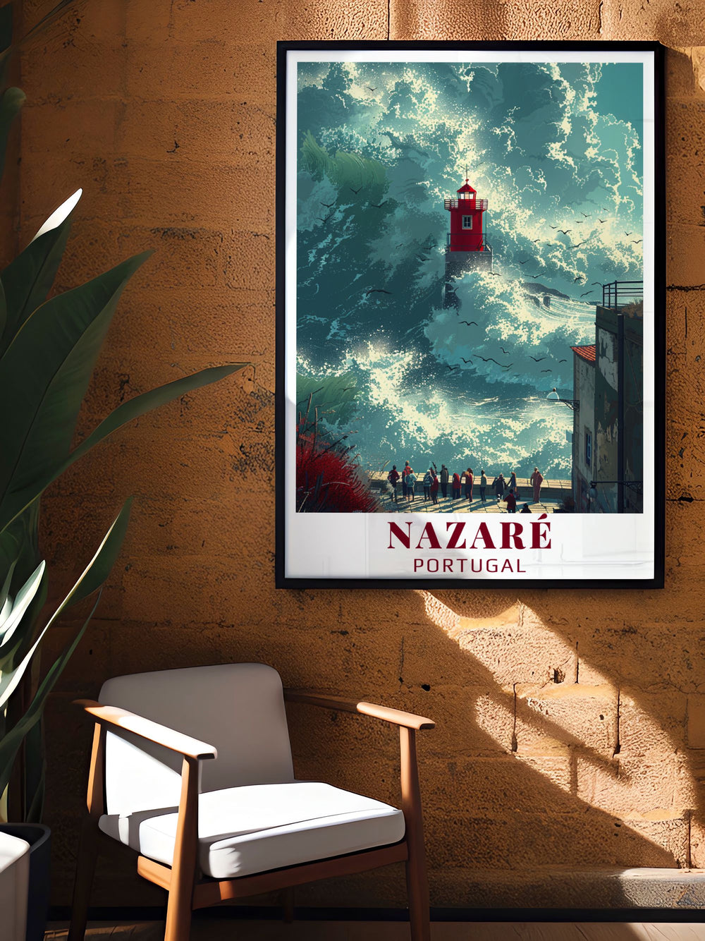 Gorgeous Nazare art print featuring Praia do Norte perfect for those who appreciate Portugals coastal beauty a wonderful addition to your wall poster collection