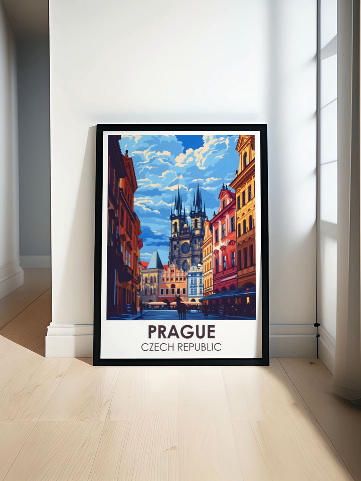 Old Town Square Travel Poster featuring Pragues historic charm. This Prague Wall Decor captures the lively atmosphere and intricate details of the square. Ideal for adding a touch of Czech Republic beauty to your home decor with this stunning Prague Art Print.