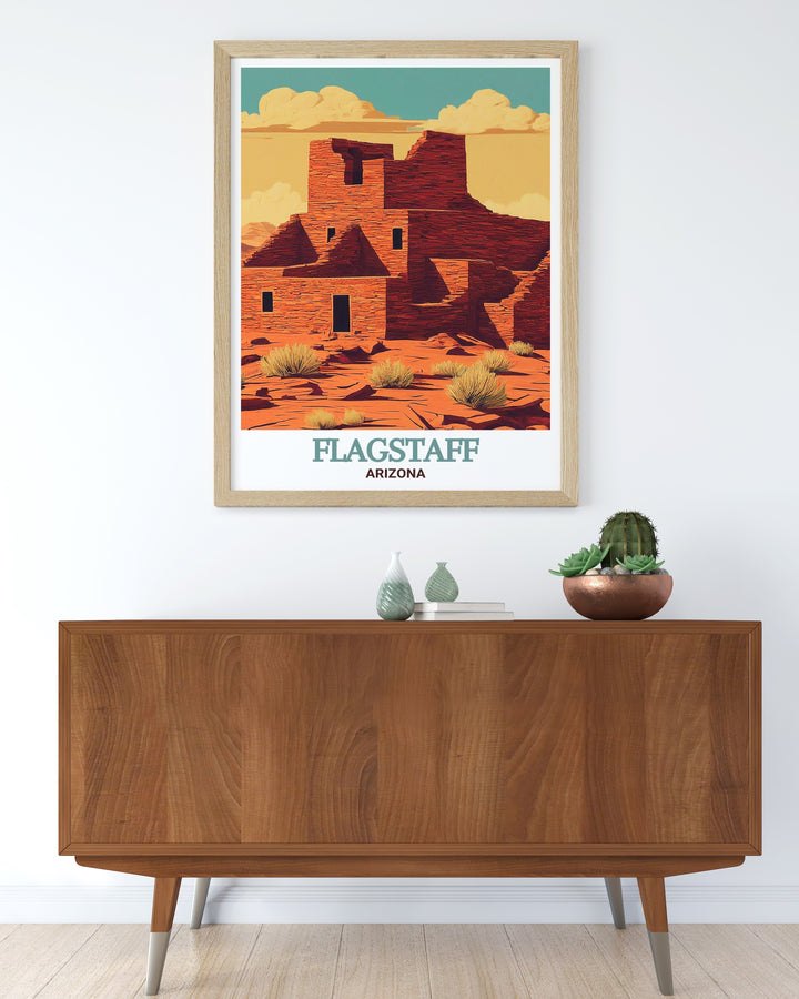 Modern Flagstaff map print and Wupatki National Monument artwork create a stunning blend of city life and natural wonder. Ideal for home decor or as a gift these prints add color and character to any living space with a contemporary and artistic design.