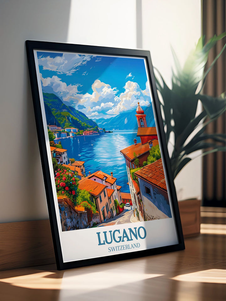 The enchanting city of Lugano, located in the Italian speaking part of Switzerland, is highlighted in this travel poster. Add a touch of Swiss sophistication to your decor.