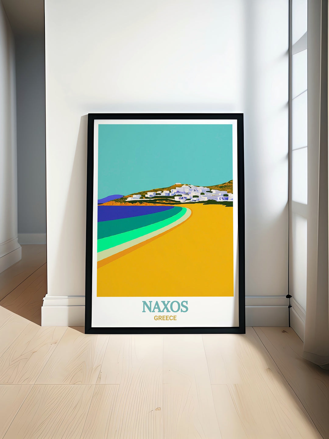 Naxos Poster Print showcasing the serene beauty of Agios Georgios Beach in Naxos Greece perfect for adding a touch of Mediterranean charm to your home living decor with vibrant colors and stunning design elements that capture the island's essence in a stylish art print