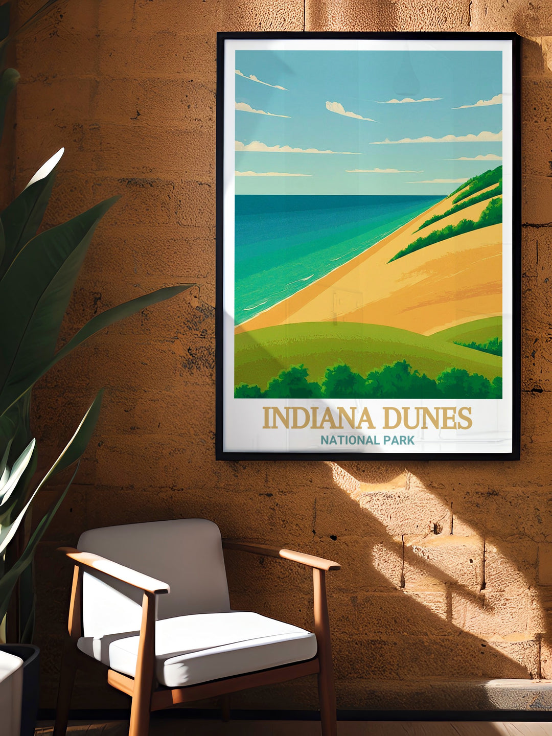 Indiana Dunes travel poster that illustrates the parks stunning landscape. Whether for your home or as a gift, this national park print offers a beautiful way to commemorate the natural beauty of Indiana Dunes.