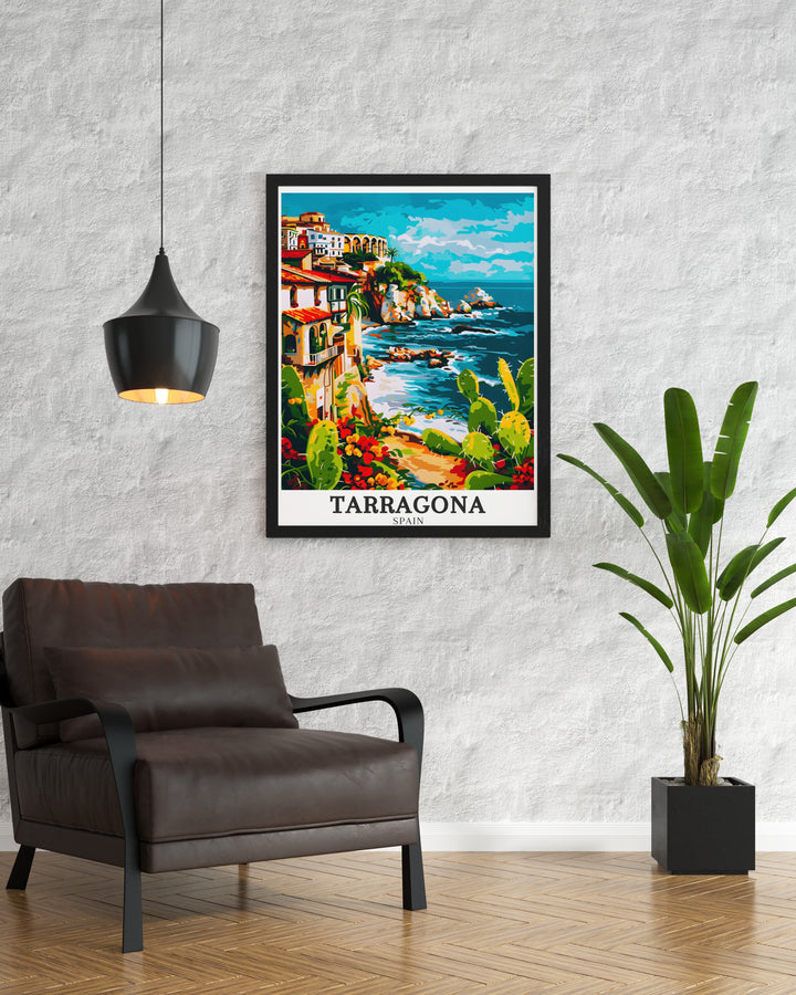 Spain wall decor featuring a Tarragona art print inspired by Mediterranean Catalonia landscapes. Ideal for creating a warm and inviting atmosphere in any room.