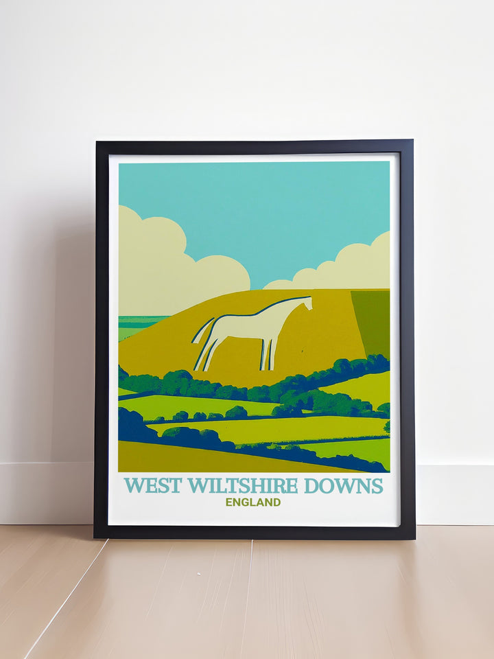 Westbury White Horse framed art capturing the iconic chalk figure standing proudly on the Wiltshire hills. This vintage style travel poster is perfect for history lovers and those who admire Englands heritage sites.