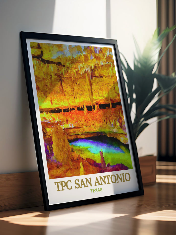 Gorgeous Golf Travel Poster featuring TPC San Antonio with Natural Bridge Caverns Art ideal for those who love both the game and nature offering a unique way to decorate with a blend of sports elegance and natural beauty