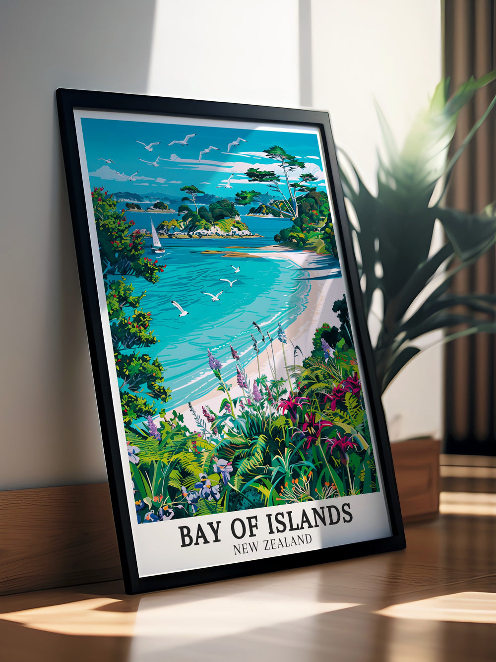 Urupukapuka Island and Pohutukawa trees captured in this Bay of Islands New Zealand Print a beautiful addition to your wall art collection ideal for adding a touch of New Zealand decor to your living space perfect for nature lovers and travel enthusiasts.