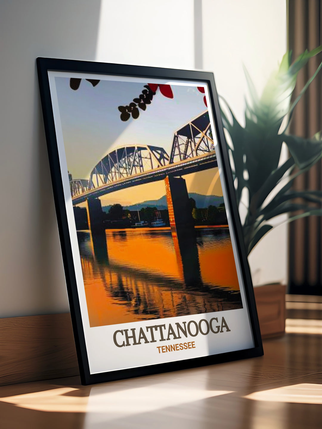 Walnut Street Bridge in Chattanooga City Print a black and white art piece featuring fine line details of the bridge and surrounding landmarks this print is a must have for anyone who appreciates urban themed wall decor