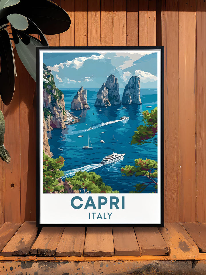 This travel poster beautifully depicts the magic of the Faraglioni Rocks, with their towering presence and serene seascape, making it an ideal piece for nature enthusiasts and collectors. Bring the beauty of Capri into your home with this exquisite print.