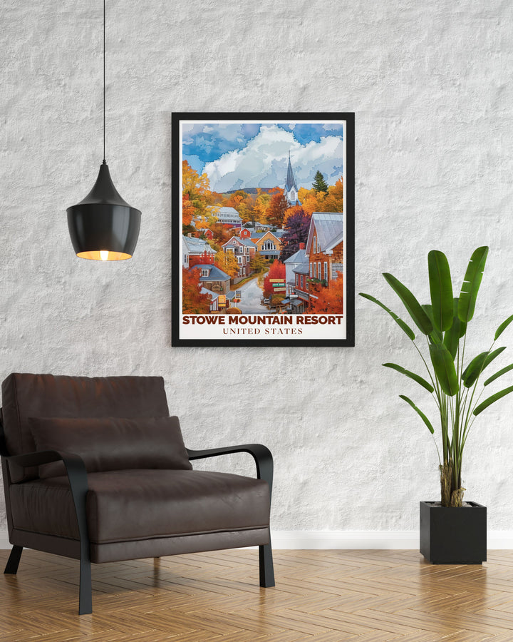 Vibrant Stowe Mountain Town framed print highlighting the majestic Mount Mansfield and Stowe Ski Resort ideal for creating an inviting atmosphere in your home with beautiful artwork