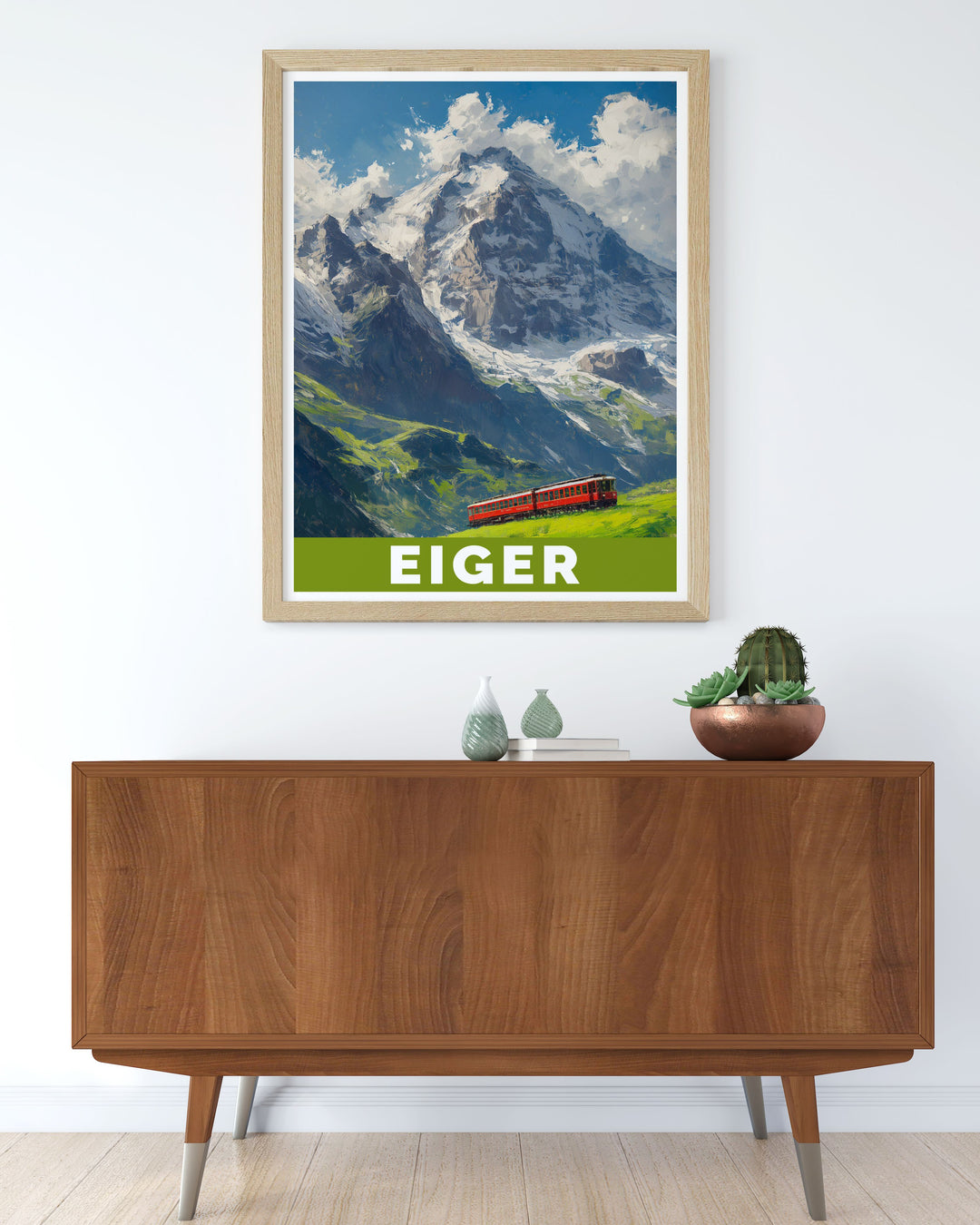 Elegant framed print of Eiger and Grindelwald village bringing the serene and picturesque landscape of the Swiss Alps into your space ideal for creating an inspiring and calming atmosphere with high quality art prints.