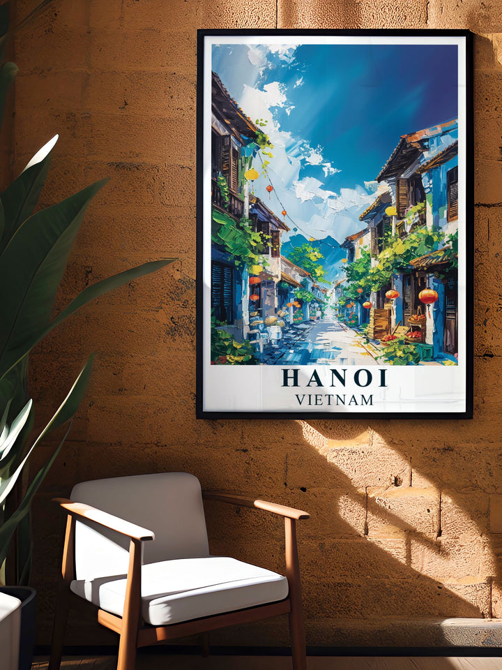 Highlighting the unique architecture and cultural richness of Hanois Old Quarter, this travel poster brings the lively spirit of this historic district into your home.