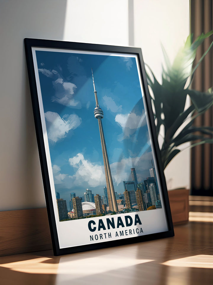 The captivating blend of modern architecture and dynamic cityscapes in Toronto is beautifully illustrated in this poster, making it a stunning addition to any wall art collection celebrating Canada.
