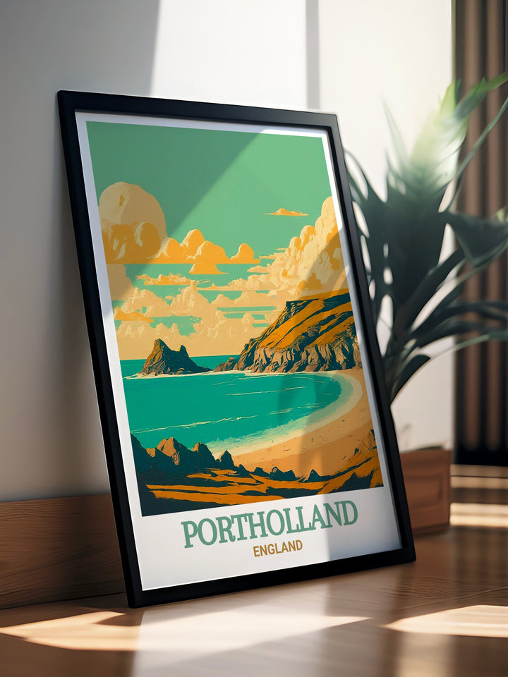 A stunning depiction of Cornwalls hidden treasures, Portholland and Pendower Beach. This art print captures the unique charm of these locations, making it a perfect addition to any coastal themed decor.