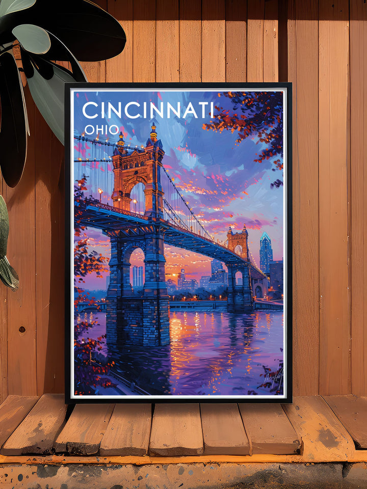 Celebrate Cincinnatis rich history with a fine art print of the Roebling Suspension Bridge. This poster reflects the bridges architectural elegance and its role in connecting communities.