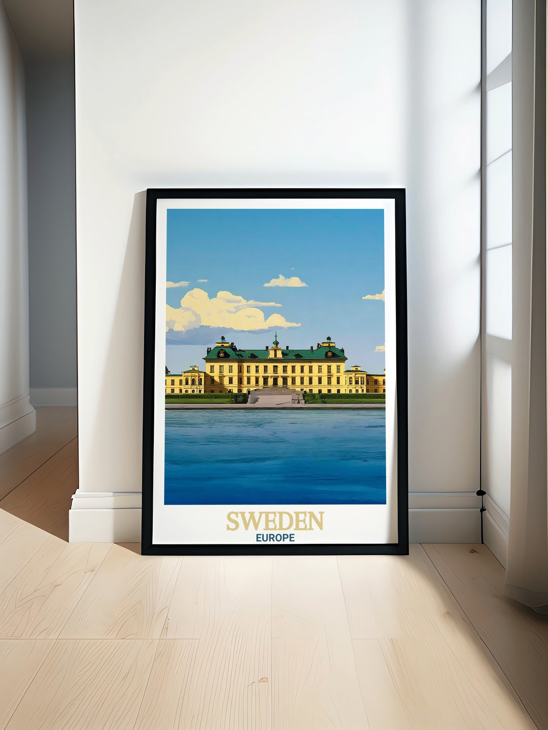 Drottningholm Palace artwork showcasing the beauty of Sweden travel decor perfect for enhancing any living room with elegant Sweden wall art and Umea travel gifts that bring Nordic charm to your home. A modern print ideal for home offices and bedrooms.