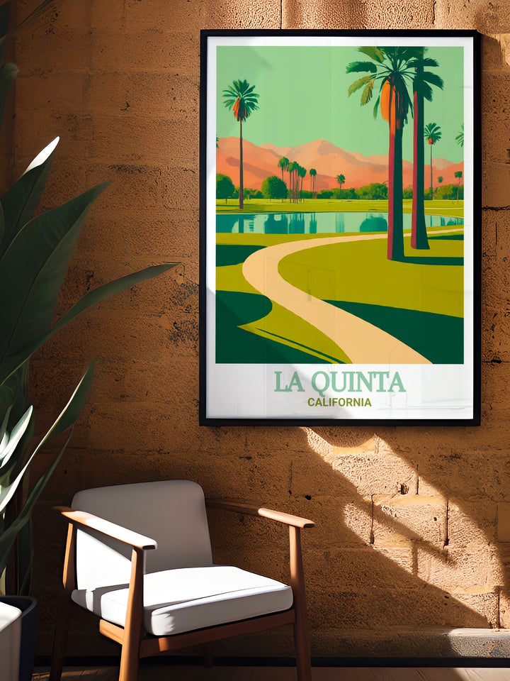 La Quinta framed art featuring Civic Center Park. This detailed print offers a calming view of the parks natural beauty, perfect for those who enjoy outdoor spaces. Bring a sense of tranquility into your home with this La Quinta travel print.