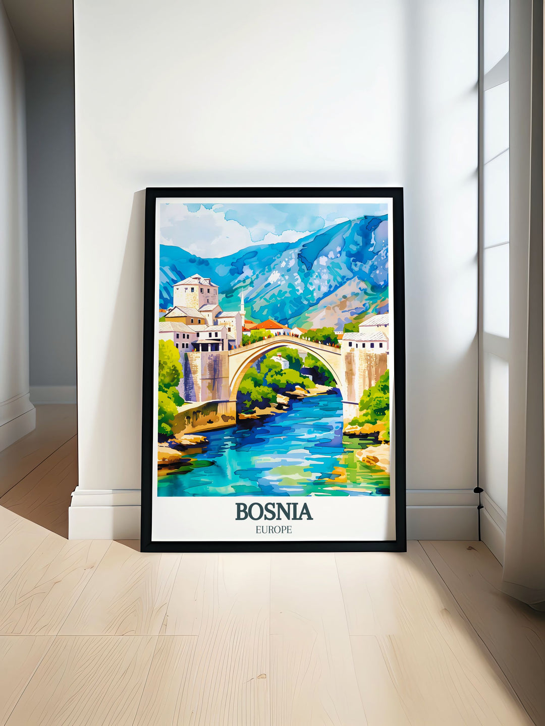 Mostar, Stari Most bridge captured in a beautiful Bosnia Poster. This Bosnia Wall Art showcases the historic beauty of Mostar with its iconic Stari Most bridge. Perfect for home decor or as a meaningful gift for travel and history enthusiasts.