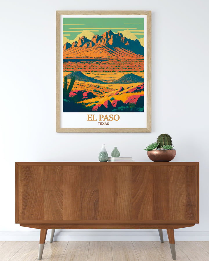 Decorate your home with the natural beauty of Texas by adding this Franklin Mountains wall art to your collection. Perfect for any space, this piece celebrates the harmony of urban and natural landscapes. Ideal as a gift for Texas natives or fans of desert landscapes.