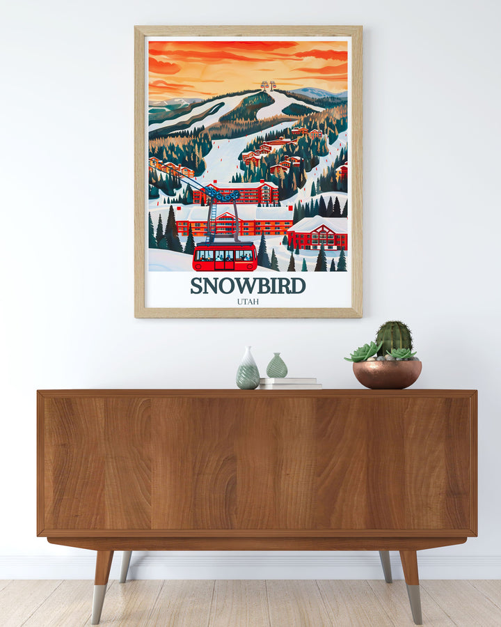 Snowbird Resort Aerial Tram artwork presenting the serene and majestic snowy peaks of Park City Utah.