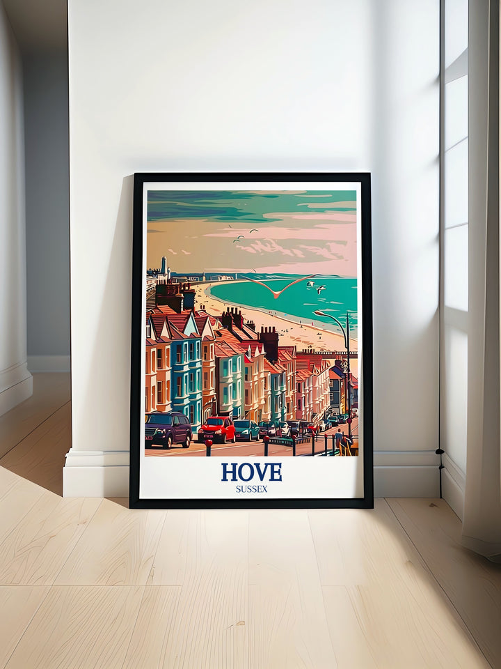 A beautifully detailed art print capturing the bustling energy of George Street in Hove, England, showcasing its Victorian architecture and vibrant urban life. Perfect for adding a touch of English charm to your home decor.