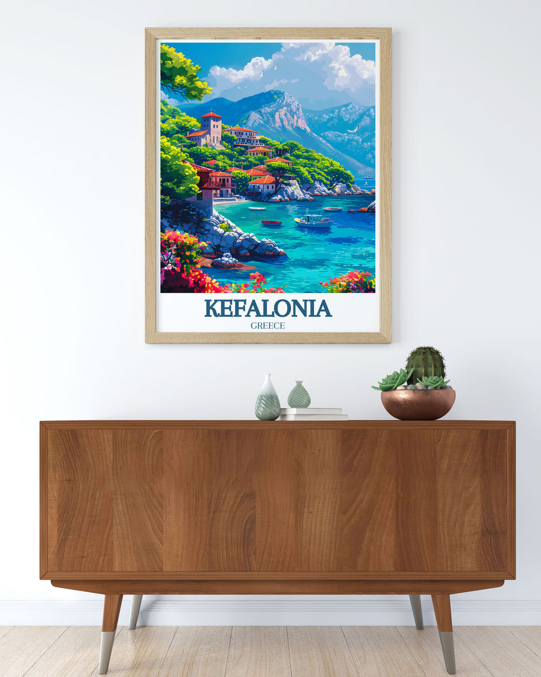 A vibrant art print of Kefalonia, showcasing the picturesque Assos Village and its Venetian fortress overlooking the Ionian Sea. The intricate details of this Greek island print bring the beauty of Kefalonias landscapes to life, making it an ideal travel gift or home décor.