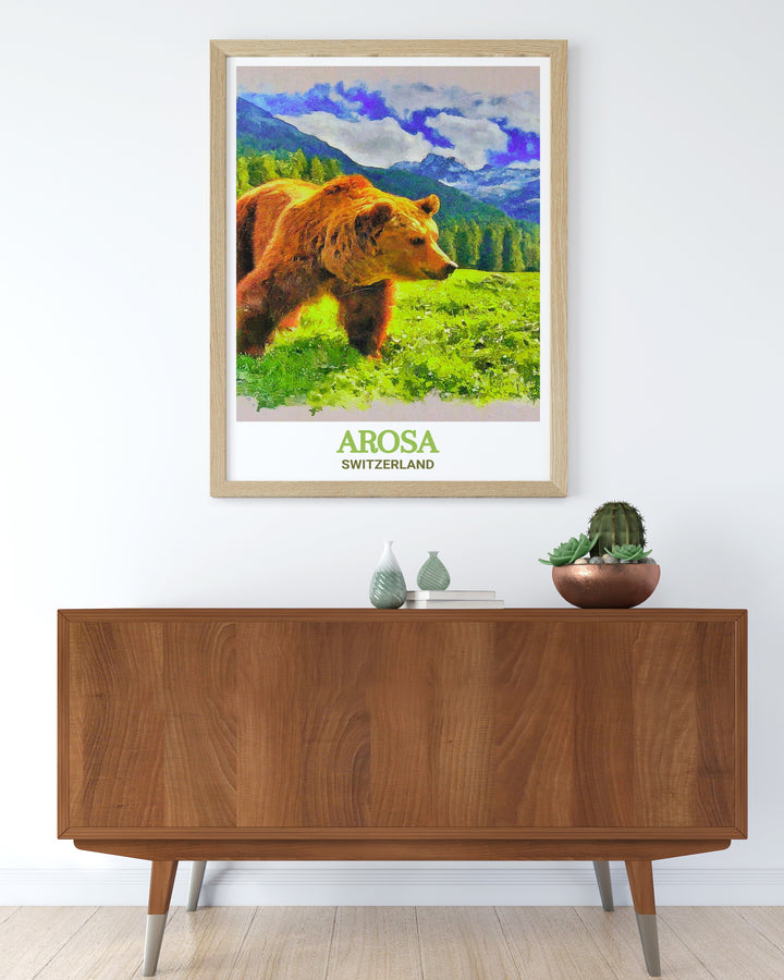 Arosa Bear Sanctuary Home Decor showcasing the serene landscapes and dedicated conservation efforts in Arosa, Switzerland. The detailed illustration offers a glimpse into the sanctuarys mission, making it an excellent choice for animal lovers and nature enthusiasts